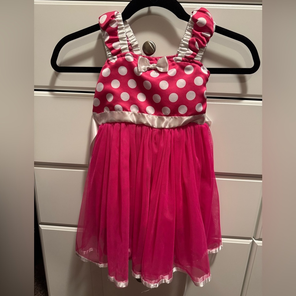 Minnie Mouse Style Pink Polka Dot Dress with Bow. Girls 2T-3T